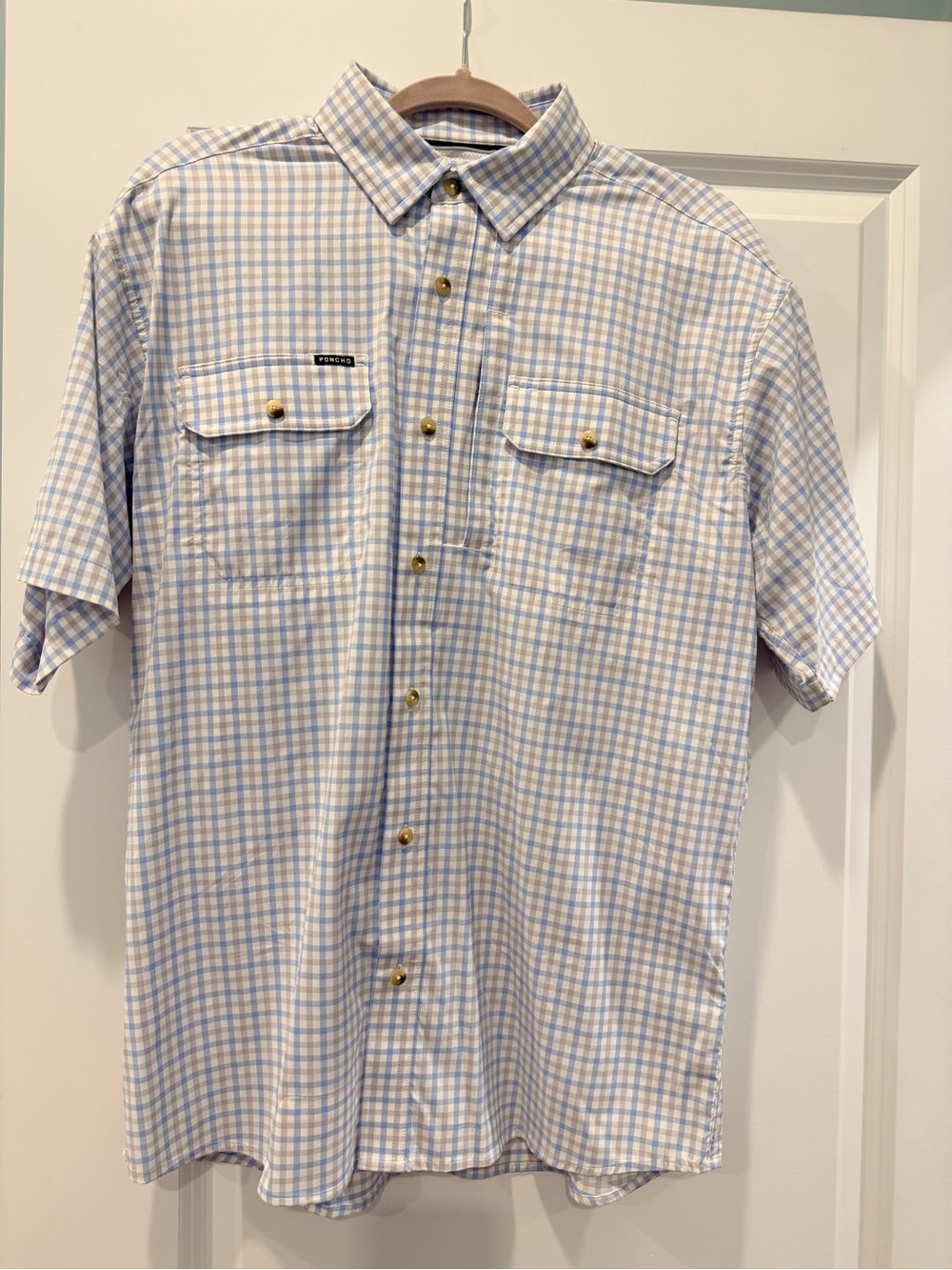Men's Poncho Short-Sleeve Button-Down Shirt in Light Blue and Khaki Plaid